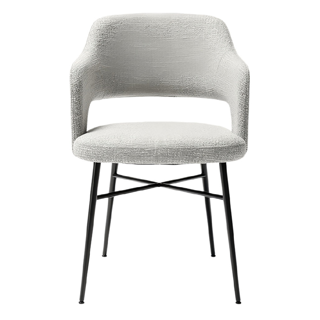 **Moderne eetkamerstoel met grijs textiel en metalen poten**
