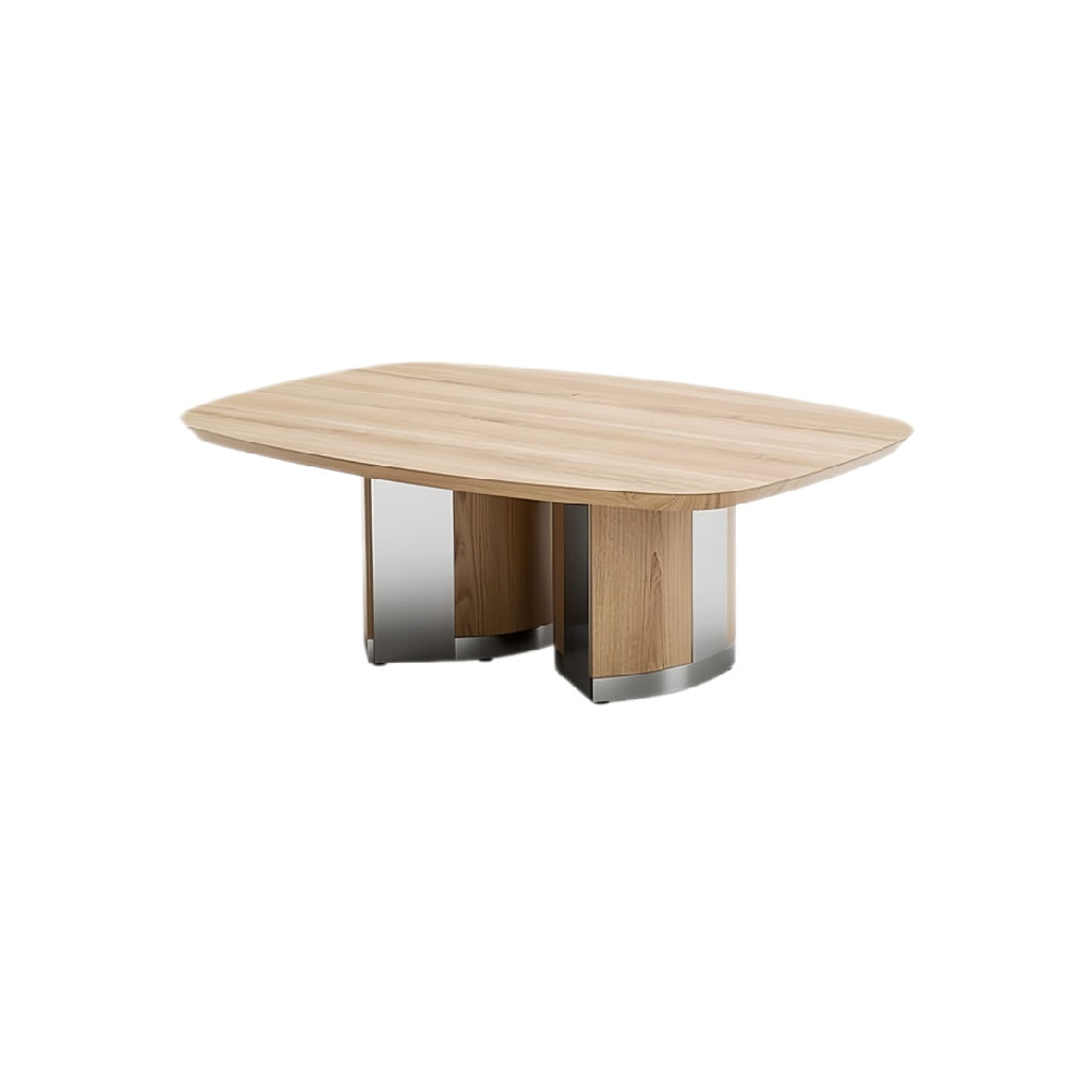 **Technische titel in het Nederlands: Moderne eettafel met houten blad en stalen onderstel**