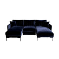 **Technische titel in het Nederlands: Luxe donkerblauwe velours hoekbank met vier kussens en metalen poten**